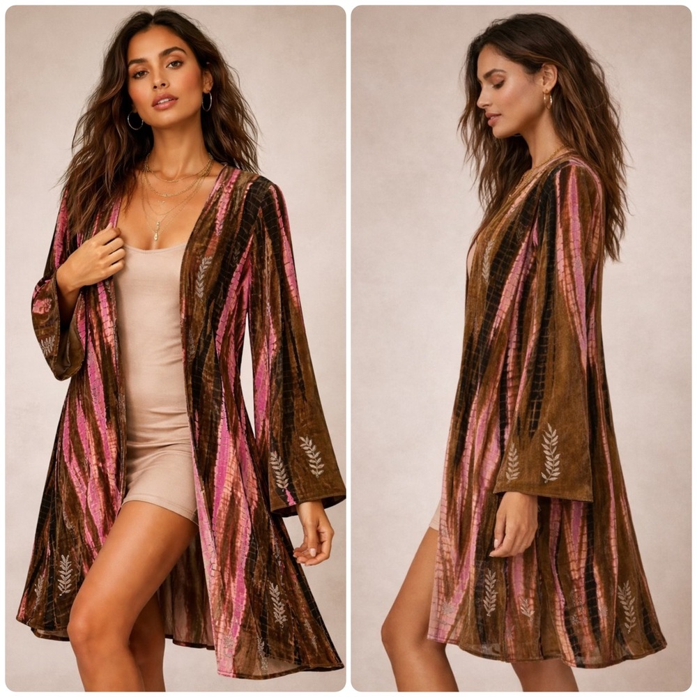 Lotta Stensson Velvet Feel Open Front Bell Sleeve Embroidered Duster Jacket Sz M